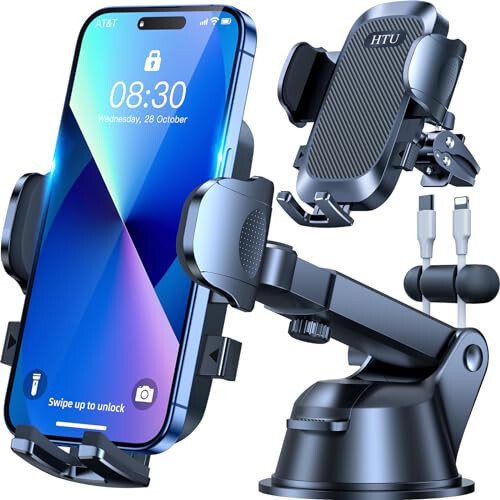 [True Military-Grade] Car Phone Holder【2024 Stronger Suction & Clip】 Universal Cell Phone Holder for Car Mount for Dashboard Windshield Air Vent Long Arm Cell Phone Car Mount Thick Case, Black - 1