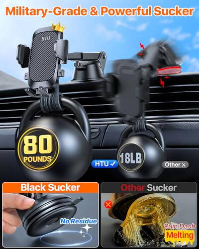 [True Military-Grade] Car Phone Holder【2024 Stronger Suction & Clip】 Universal Cell Phone Holder for Car Mount for Dashboard Windshield Air Vent Long Arm Cell Phone Car Mount Thick Case, Black - 2