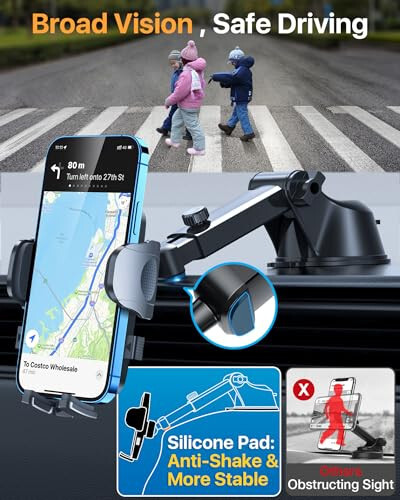 [True Military-Grade] Car Phone Holder【2024 Stronger Suction & Clip】 Universal Cell Phone Holder for Car Mount for Dashboard Windshield Air Vent Long Arm Cell Phone Car Mount Thick Case, Black - 9