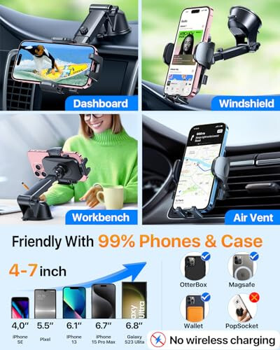 [True Military-Grade] Car Phone Holder【2024 Stronger Suction & Clip】 Universal Cell Phone Holder for Car Mount for Dashboard Windshield Air Vent Long Arm Cell Phone Car Mount Thick Case, Black - 11