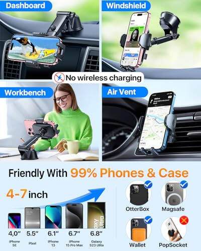 [True Military-Grade] Car Phone Holder【2024 Stronger Suction & Clip】 Universal Cell Phone Holder for Car Mount for Dashboard Windshield Air Vent Long Arm Cell Phone Car Mount Thick Case, Black - 8