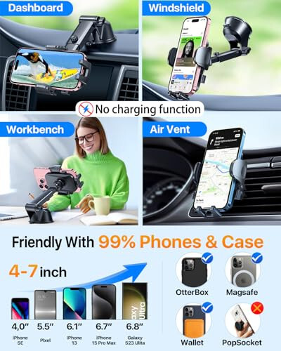 [True Military-Grade] Car Phone Holder【2024 Stronger Suction & Clip】 Universal Cell Phone Holder for Car Mount for Dashboard Windshield Air Vent Long Arm Cell Phone Car Mount Thick Case, Black - 7