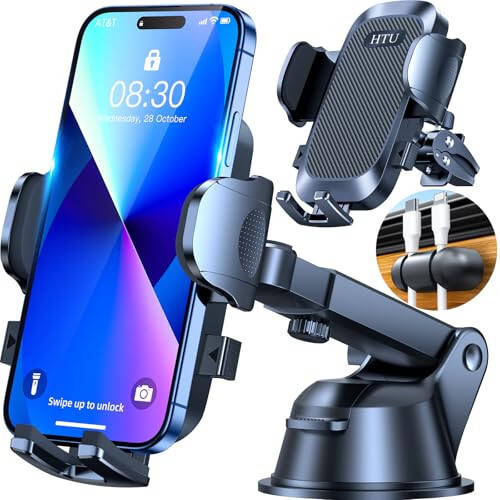 [True Military-Grade] Car Phone Holder【2024 Stronger Suction & Clip】 Universal Cell Phone Holder for Car Mount for Dashboard Windshield Air Vent Long Arm Cell Phone Car Mount Thick Case, Black - 4