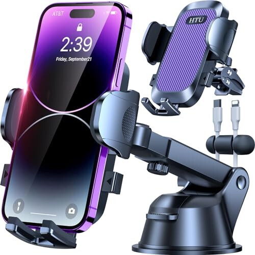 [True Military-Grade] Car Phone Holder【2024 Stronger Suction & Clip】 Universal Cell Phone Holder for Car Mount for Dashboard Windshield Air Vent Long Arm Cell Phone Car Mount Thick Case,Purple - 1