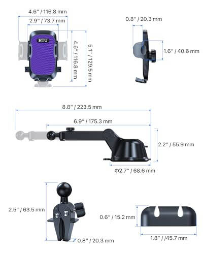 [True Military-Grade] Car Phone Holder【2024 Stronger Suction & Clip】 Universal Cell Phone Holder for Car Mount for Dashboard Windshield Air Vent Long Arm Cell Phone Car Mount Thick Case,Purple - 7