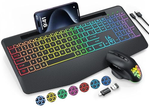 Trueque Wireless Keyboard and Mouse Combo - 9 Backlit Effects, Wrist Rest, Phone Holder, Light Up Jiggler Mouse, Full-Sized Ergonomic, 2.4GHz Rechargeable Keyboard Mouse for Mac, Windows, Laptop, PC - 1