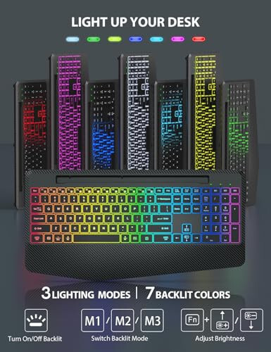 Trueque Wireless Keyboard and Mouse Combo - 9 Backlit Effects, Wrist Rest, Phone Holder, Light Up Jiggler Mouse, Full-Sized Ergonomic, 2.4GHz Rechargeable Keyboard Mouse for Mac, Windows, Laptop, PC - 3