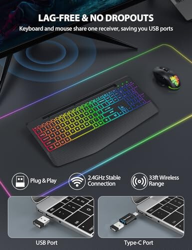 Trueque Wireless Keyboard and Mouse Combo - 9 Backlit Effects, Wrist Rest, Phone Holder, Light Up Jiggler Mouse, Full-Sized Ergonomic, 2.4GHz Rechargeable Keyboard Mouse for Mac, Windows, Laptop, PC - 5