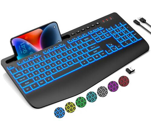 Trueque Wireless Keyboard with 7 Colored Backlits, Wrist Rest, Phone Holder, Rechargeable Ergonomic Keyboard with Silent Light Up Keys, Cordless Computer Keyboard for Windows, Mac, Laptop - 1