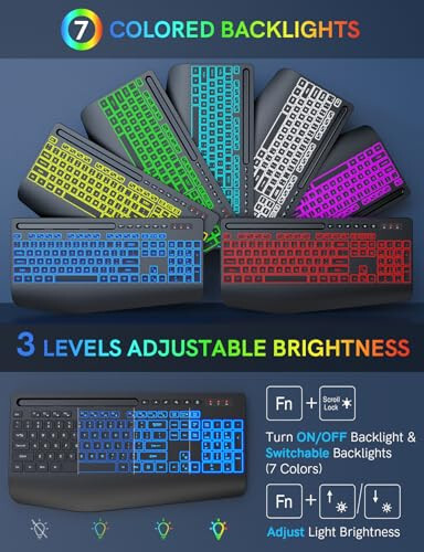 Trueque Wireless Keyboard with 7 Colored Backlits, Wrist Rest, Phone Holder, Rechargeable Ergonomic Keyboard with Silent Light Up Keys, Cordless Computer Keyboard for Windows, Mac, Laptop - 2