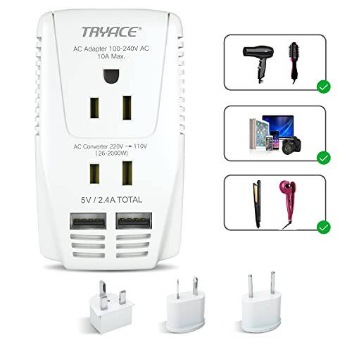 TryAce 2000W Sayohat Voltaj Konverter Step Down 220v dan 110v ga Quvvat Konverteri Soch Quruvchi To'g'rilovchi Bukle Temir Uchun, 10A Quvvat Adapteri 2 USB Zaryadlash bilan EU/UK/AU/US Butun Dunyo Bo'ylab Vilkasi Noutbuk Telefon Uchun - 1