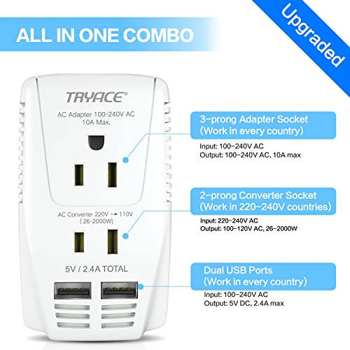 TryAce 2000W Sayohat Voltaj Konverter Step Down 220v dan 110v ga Quvvat Konverteri Soch Quruvchi To'g'rilovchi Bukle Temir Uchun, 10A Quvvat Adapteri 2 USB Zaryadlash bilan EU/UK/AU/US Butun Dunyo Bo'ylab Vilkasi Noutbuk Telefon Uchun - 3