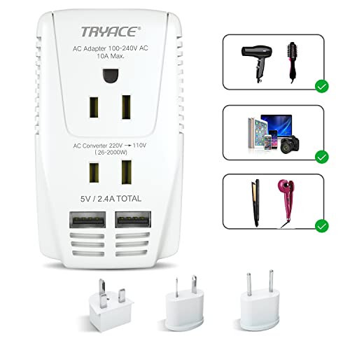 TryAce 2000W Travel Voltage Converter Step Down 220v to 110v Power Converter for Hair Dryer Straightener Curling Iron, 10A Power Adapter with 2 USB Charging EU/UK/AU/US Worldwide Plug for Laptop Phone - 1