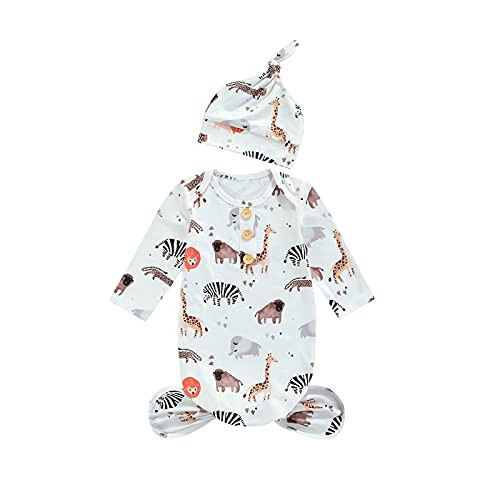 Tsseiatte Newborn Baby Boy Girl Knotted Gowns Long Sleeve Printed Sleeping Bag Coming Home Outfit Nightgown Pajamas Hat Set - 43