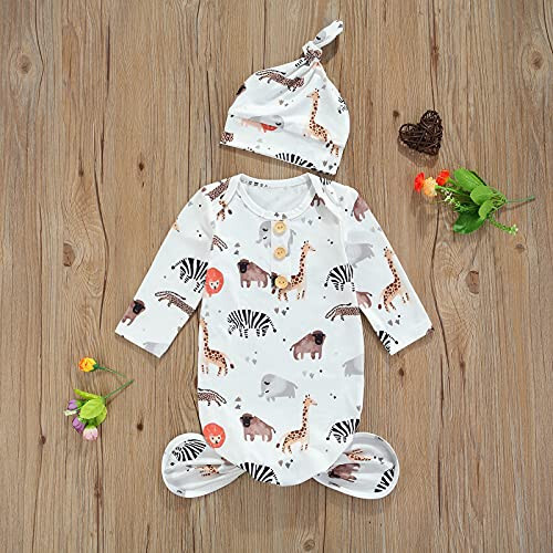 Tsseiatte Newborn Baby Boy Girl Knotted Gowns Long Sleeve Printed Sleeping Bag Coming Home Outfit Nightgown Pajamas Hat Set - 44