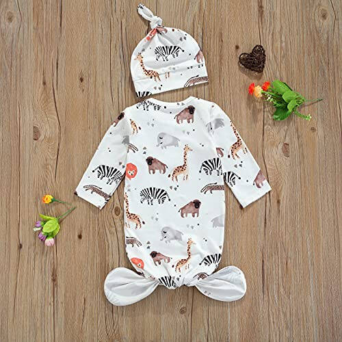 Tsseiatte Newborn Baby Boy Girl Knotted Gowns Long Sleeve Printed Sleeping Bag Coming Home Outfit Nightgown Pajamas Hat Set - 45