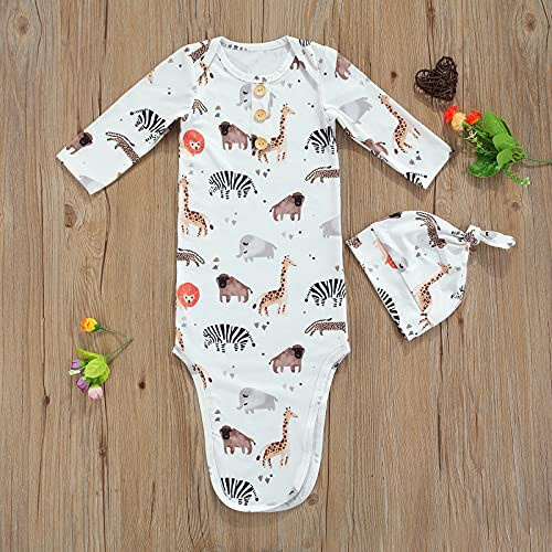 Tsseiatte Newborn Baby Boy Girl Knotted Gowns Long Sleeve Printed Sleeping Bag Coming Home Outfit Nightgown Pajamas Hat Set - 46