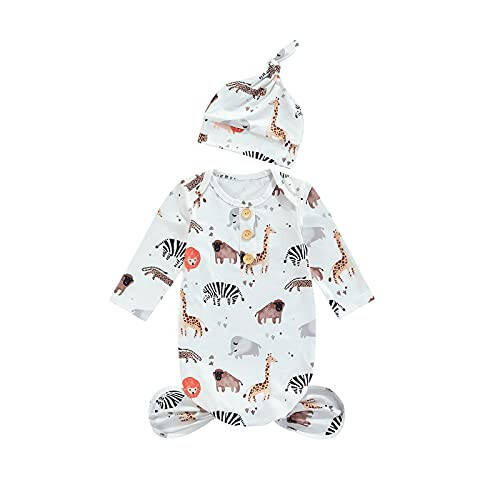 Tsseiatte Newborn Baby Boy Girl Knotted Gowns Long Sleeve Printed Sleeping Bag Coming Home Outfit Nightgown Pajamas Hat Set - 36