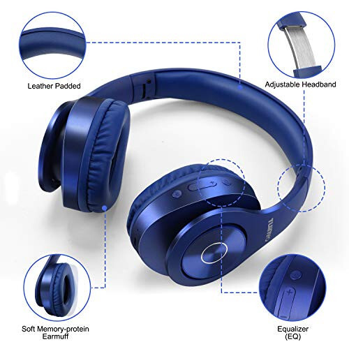 TUINYO Bluetooth Headphones Wireless, Over Ear Stereo Wireless Headset 40H Playtime with deep bass, Soft Memory-Protein Earmuffs, Built-in Mic Wired Mode PC/Cell Phones/TV-Dark Blue - 5