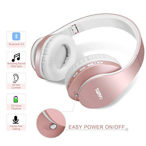 TUINYO Wireless Headphones Over Ear, Bluetooth Headphones with Microphone, Foldable Stereo Wireless Headset-Rose Gold - 5