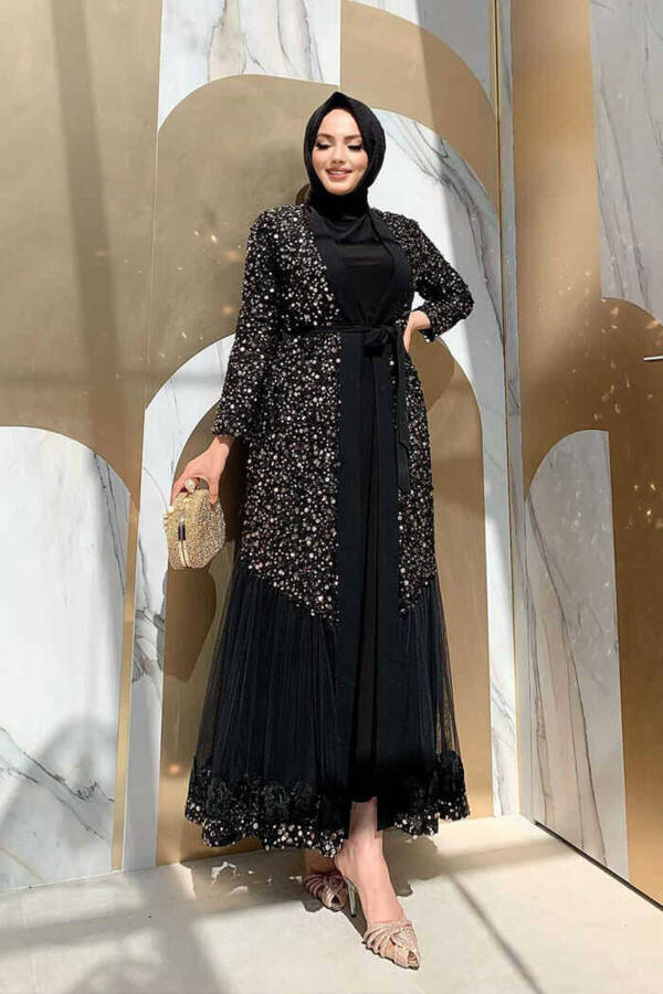 Tül İşleme Detay Pul Payetli Abaya 7376 Gold - 1