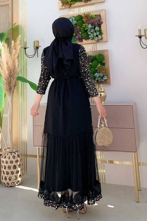 Tül İşleme Detay Pul Payetli Abaya 7376 Gold - 3