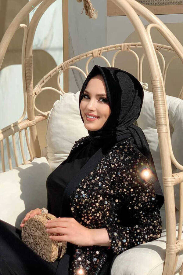 Tül İşleme Detay Pul Payetli Abaya 7376 Gold - 4