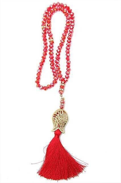 Tulip Patterned Tassel 99 Beads Crystal Hajj Umrah Gift Rosary - 8mm Red - 1