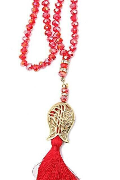 Tulip Patterned Tassel 99 Beads Crystal Hajj Umrah Gift Rosary - 8mm Red - 2