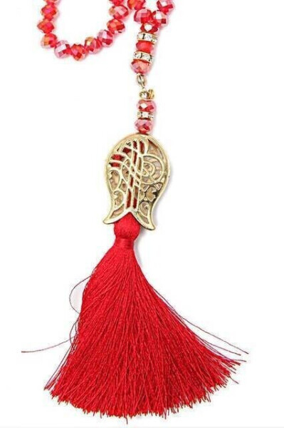 Tulip Patterned Tassel 99 Beads Crystal Hajj Umrah Gift Rosary - 8mm Red - 3