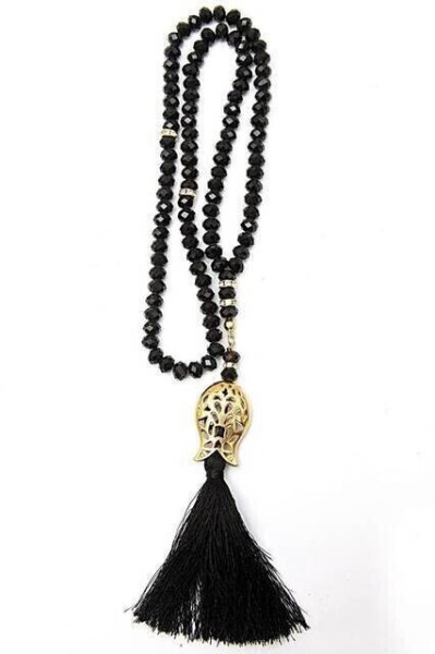 Tulip Patterned Tassel 99 Crystal Hajj Umrah Gift Rosary - 8mm Black - 1