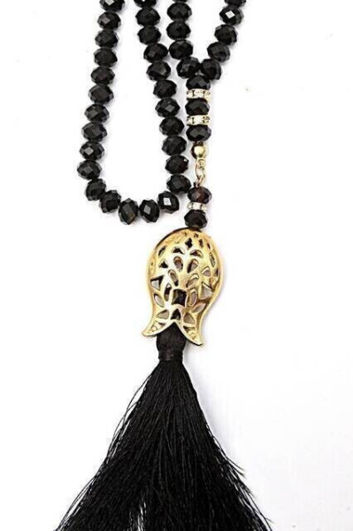 Tulip Patterned Tassel 99 Crystal Hajj Umrah Gift Rosary - 8mm Black - 2