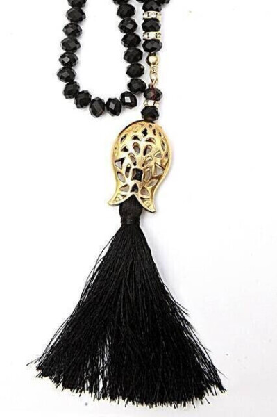 Tulip Patterned Tassel 99 Crystal Hajj Umrah Gift Rosary - 8mm Black - 3