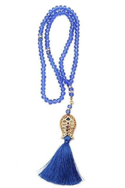 Tulip Patterned Tasselled 99-Bead Crystal Hajj Umrah Gift Rosary - 8mm Blue - 1