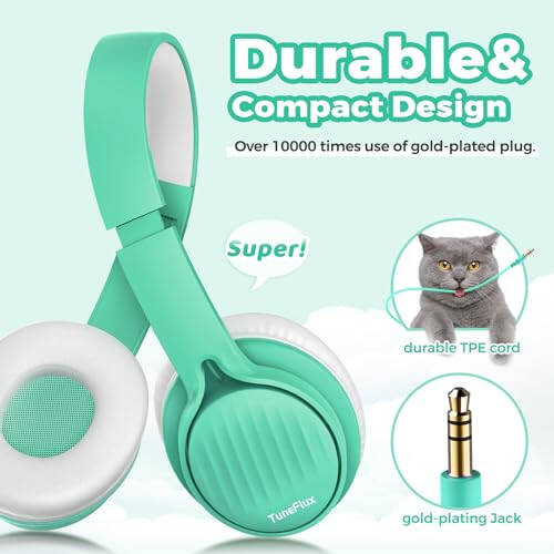 TuneFlux Upgraded Kids Headphones, Wired Toddler Headphones, 85dB Limited Volume On Ear Headphones, Portable Foldable Design, Stereo Sound Kids Headphones for School/Tablet/Travel - Green - 3