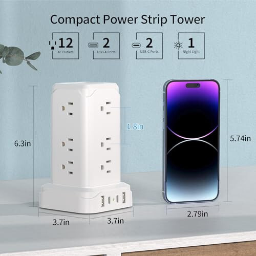 Tungi chiroq bilan PD20W USB C quvvat rozetkasi minorasi, 4 ta USB portli 6 futlik kuchlanish himoyasi rozetkasi, Uy, ofis, yotoqxona uchun ko'p qirrali rozetkali uzatma simi Passus yupqa tekis vilkasi bilan, Oq - 5