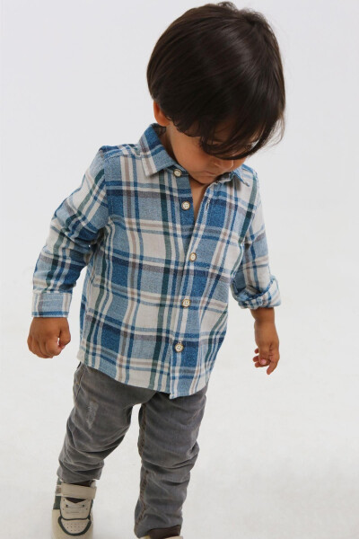 Turquoise Plaid Long Sleeve Shirt for Baby Boys - 1