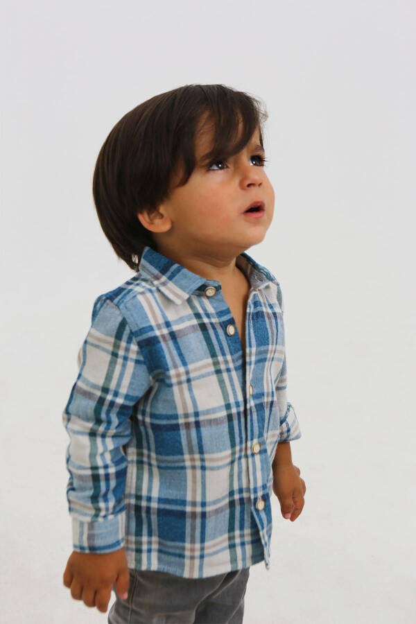 Turquoise Plaid Long Sleeve Shirt for Baby Boys - 2