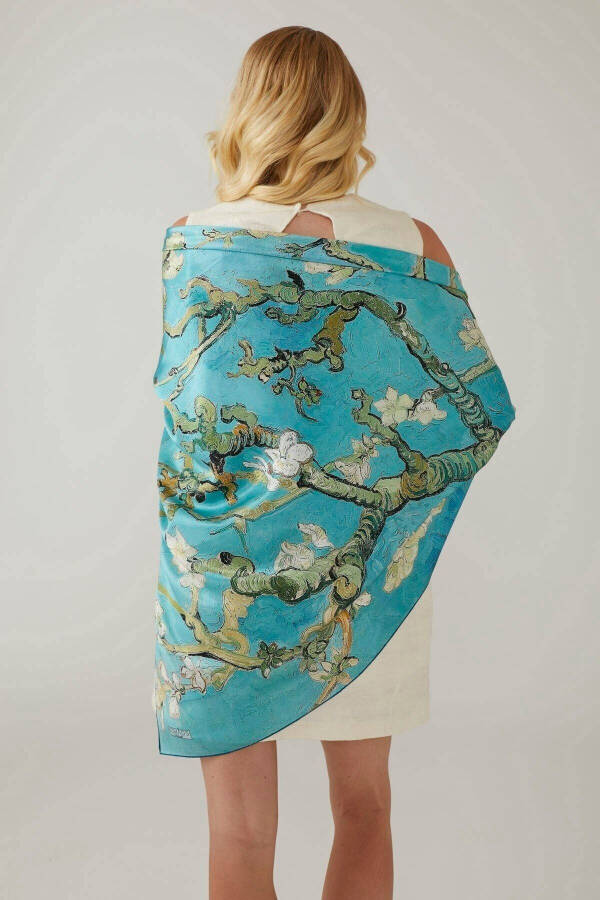 Turquoise Van Gogh Almond Blossoms 140x140 Square New Spring Summer Collection 100% Satin Silk Scarf - 3