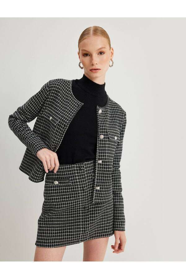 Tweed Jacket Round Neck Flap Pocket Buttoned - 7