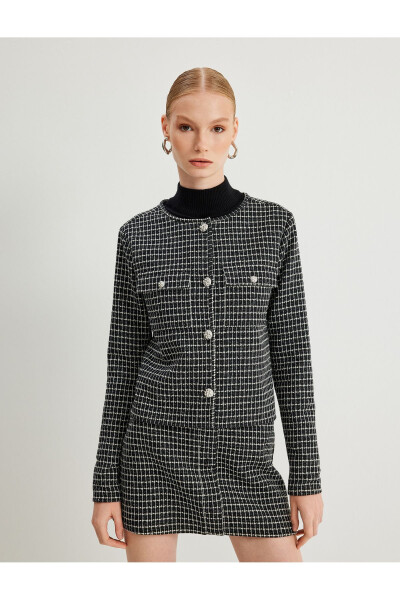 Tweed Jacket Round Neck Flap Pocket Buttoned - 9