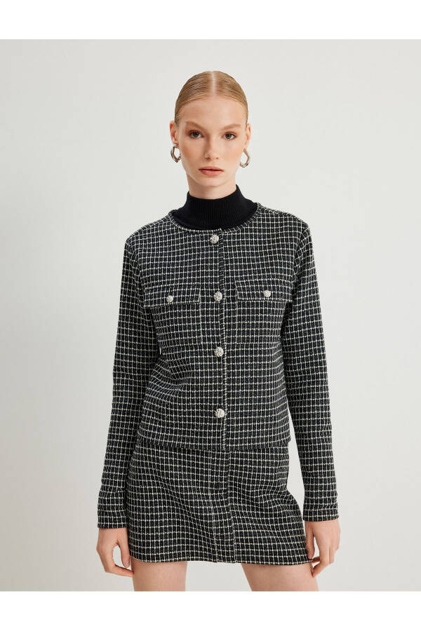 Tweed Jacket Round Neck Flap Pocket Buttoned - 3