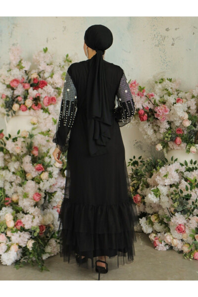 Two-Piece Abaya Set with Beaded Stone Sleeves - 11