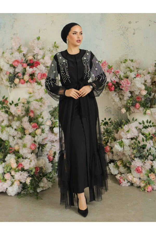 Two-Piece Abaya Set with Beaded Stone Sleeves - 12