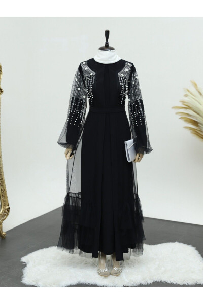 Two-Piece Abaya Set with Beaded Stone Sleeves - 14