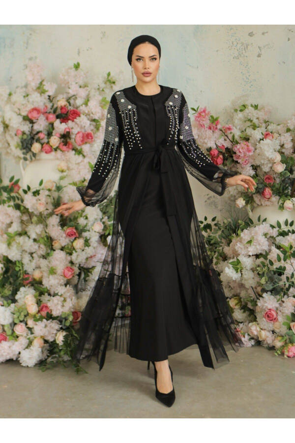 Two-Piece Abaya Set with Beaded Stone Sleeves - 1