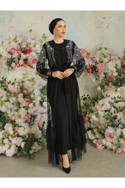 Two-Piece Abaya Set with Beaded Stone Sleeves - 4