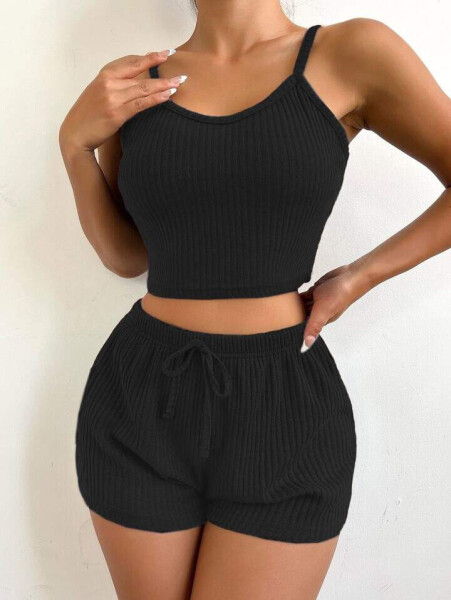 Two-piece set featuring a sleeveless, V-neck crop top and a thick ribbed corset. - 4