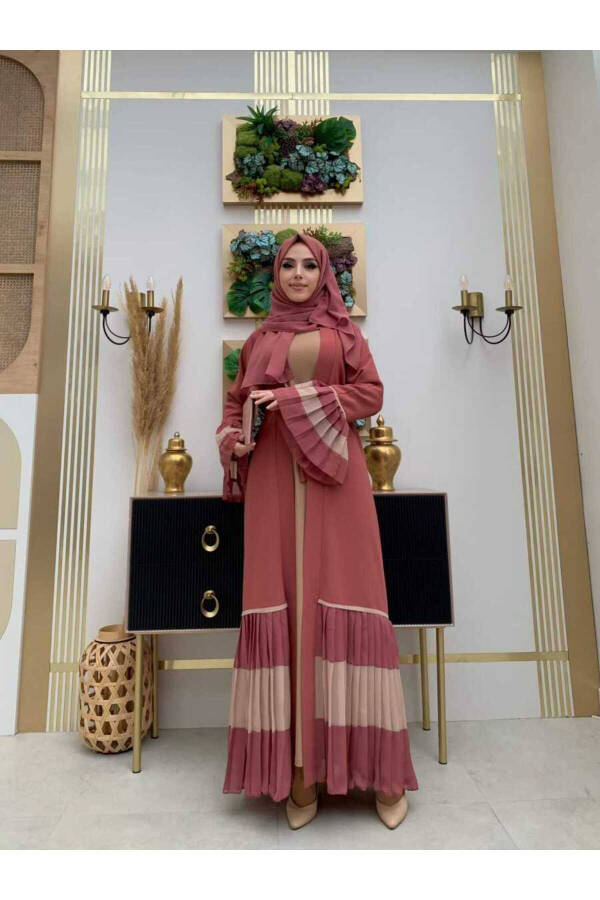 Two-Tone Belted Pleated Abaya with Sleeves and Hem 7454 Rose Quartz - 1