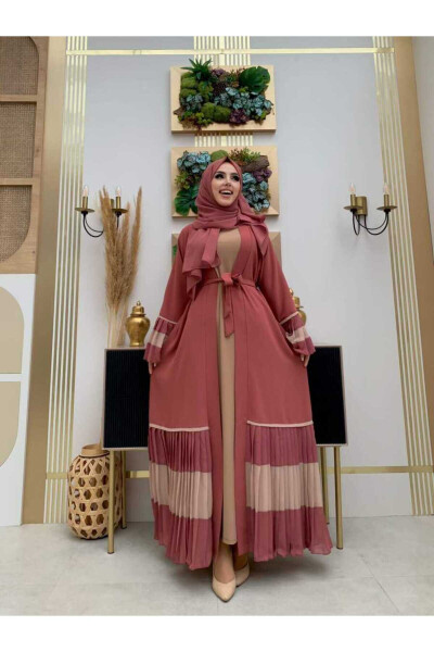 Two-Tone Belted Pleated Abaya with Sleeves and Hem 7454 Rose Quartz - 2